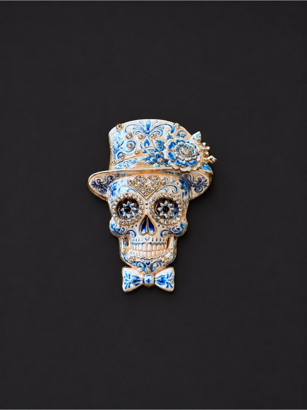 Blue & White Jeweled Sugar Skull Brooch with Top Hat – 2.5” x 1.75”